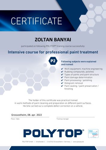 POLYTOP festékjavítás - fényezéskorrekció akkreditált státusz megszerzése