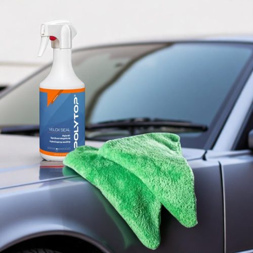 POLYTOP Velox Seal ceramic effect spray sealant QD 750 ml ajándék POLYTOP szegély nélküli mikroszálas kendő zöld 40 x 40 cm 450 GSM